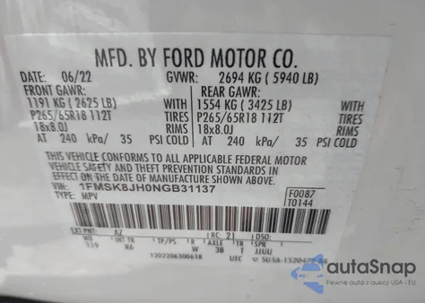 2022 Ford Explorer Timberline z USA, uszkodzony, nr VIN 1FMSK8JH0NGB31137